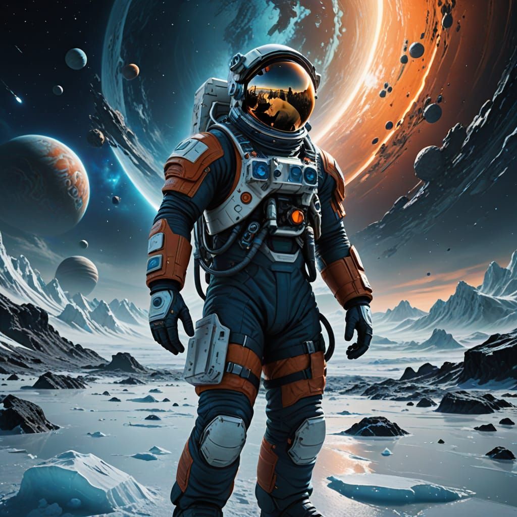 Astronaut Stands on Icy Neptune, Gazing Up at Swirling Storm...