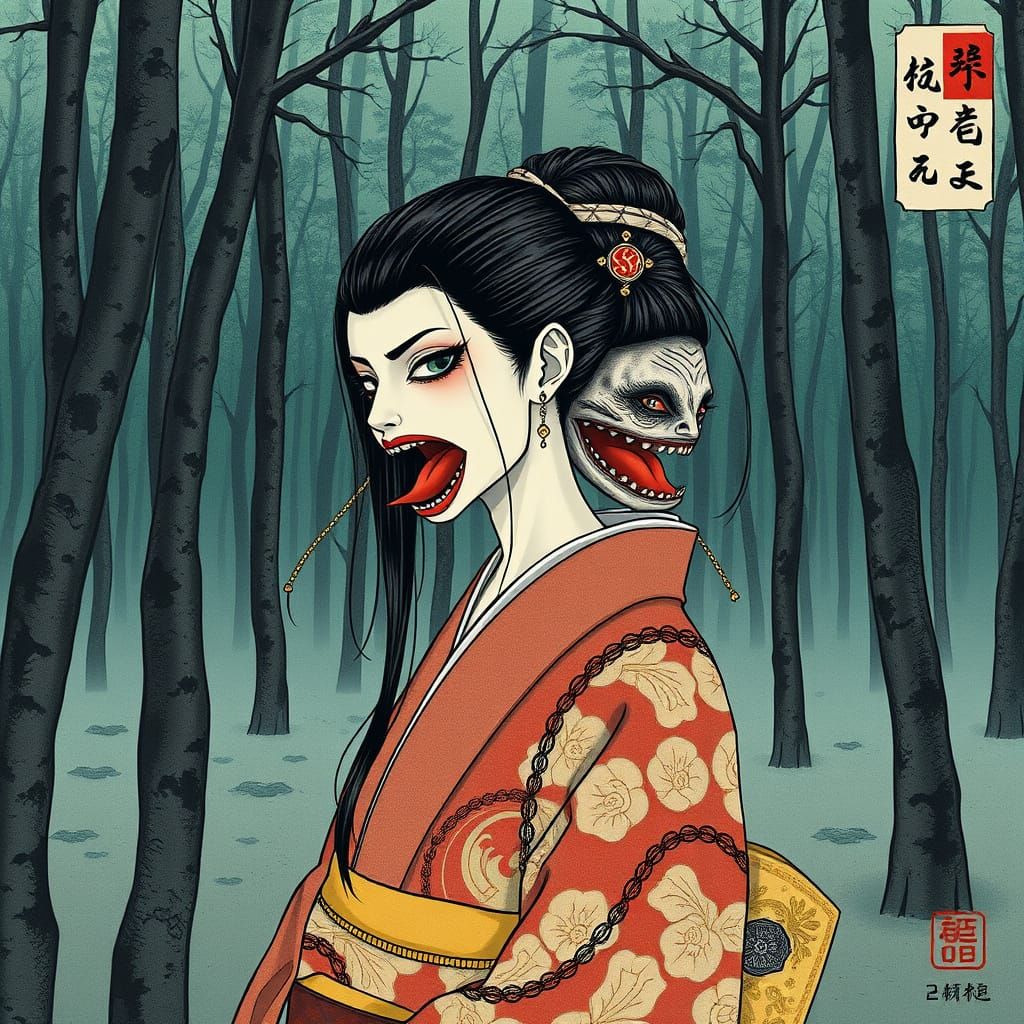 Futakuchi-Onna in Forest, Ukiyo-e Style