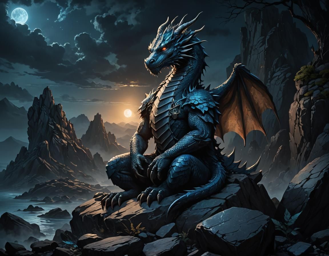 Dragon Meditating in Moonlight: Dark Fantasy Illustration