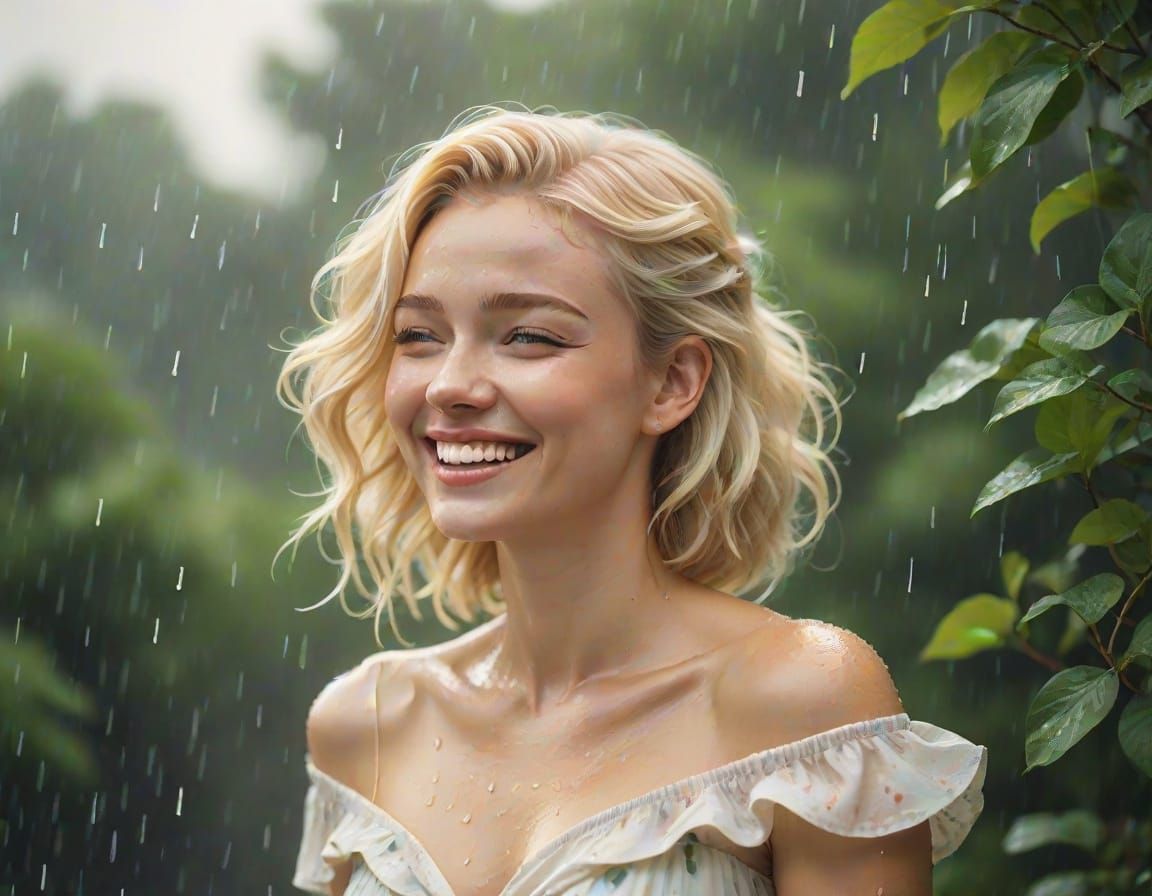 Whimsical Woman Embracing Raindrops in a Dreamy Landscape