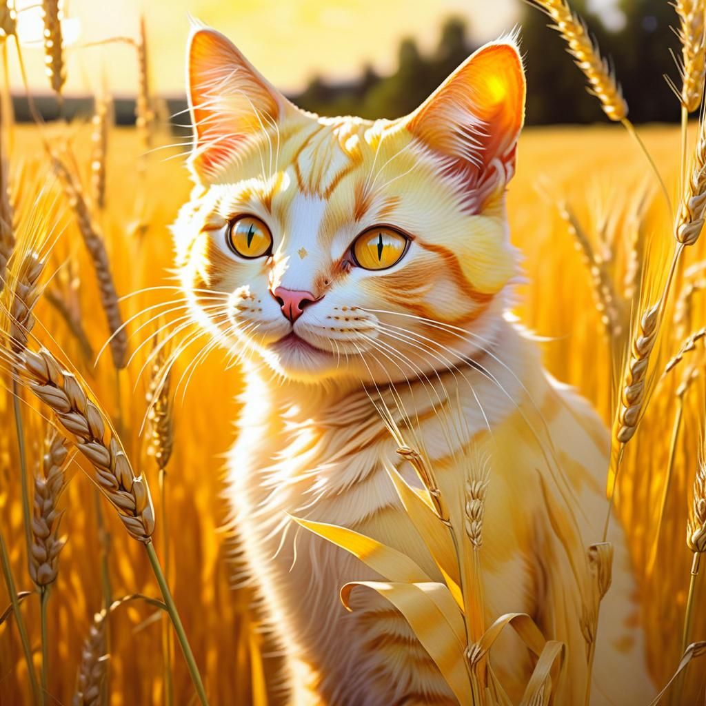 Cat in Wheat Field Under August Sun