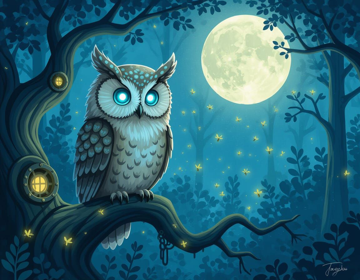 Clockwork Owl in Moonlit Forest Storybook Illustration