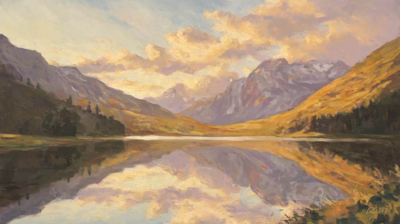 A serene mountain landscape at sunrise