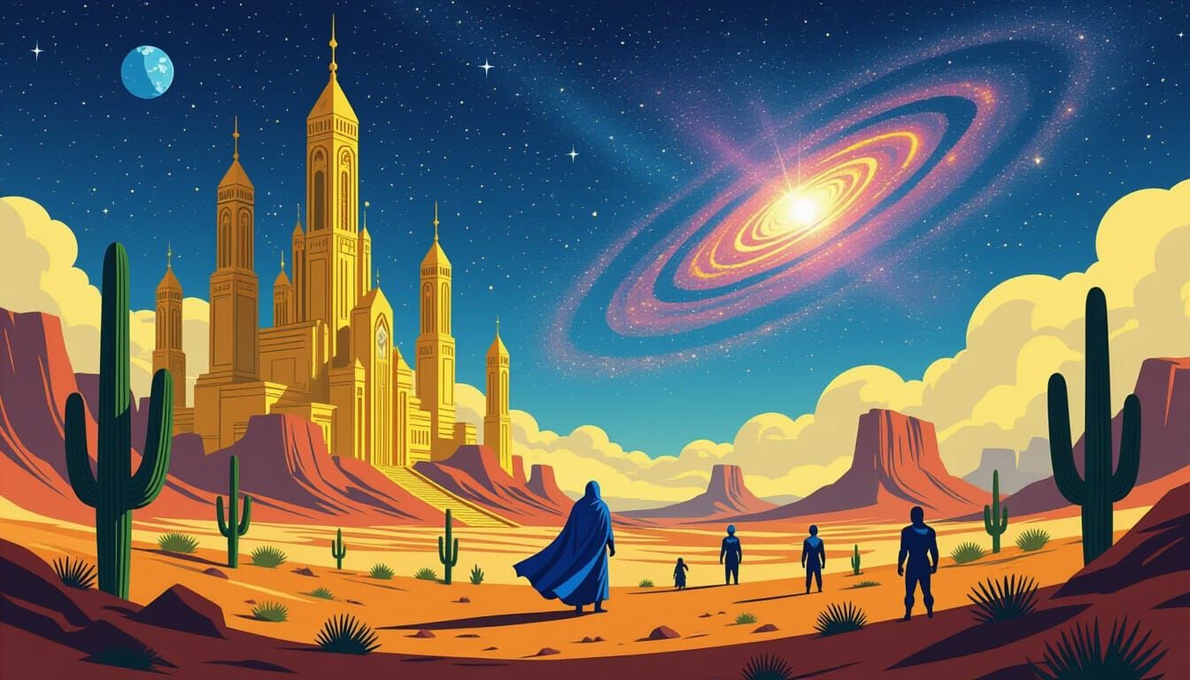 Futuristic Desert Landscape with Shaman and Galaxy Sky