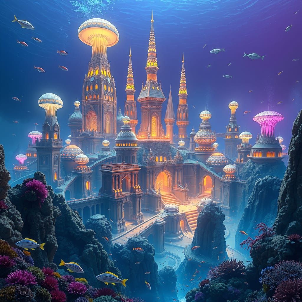Underwater Metropolis of Atlantis in Vibrant, Dreamlike Deta...