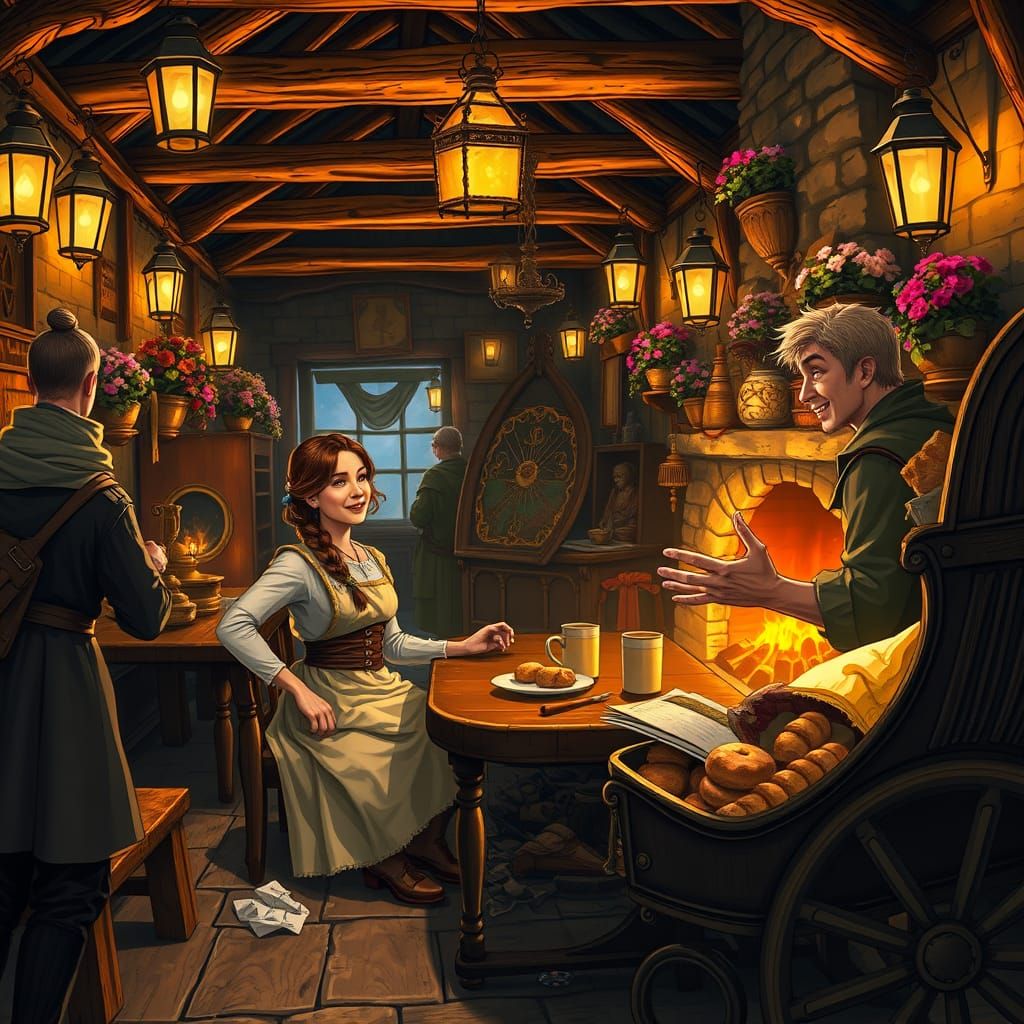 Cozy Medieval Tavern Scene with Warm Golden Light