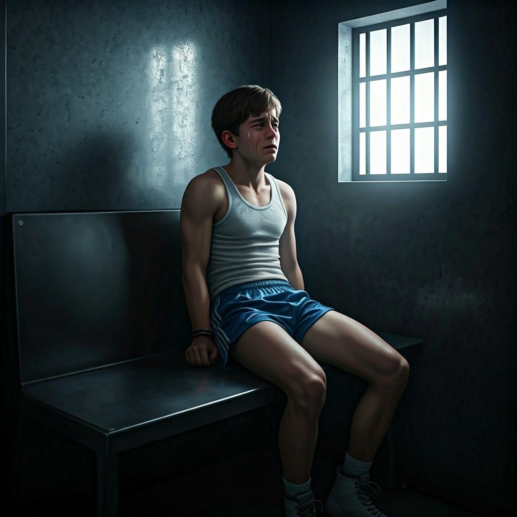 Distraught Teen Handcuffed to a Bench in a Gritty Jail Cell
