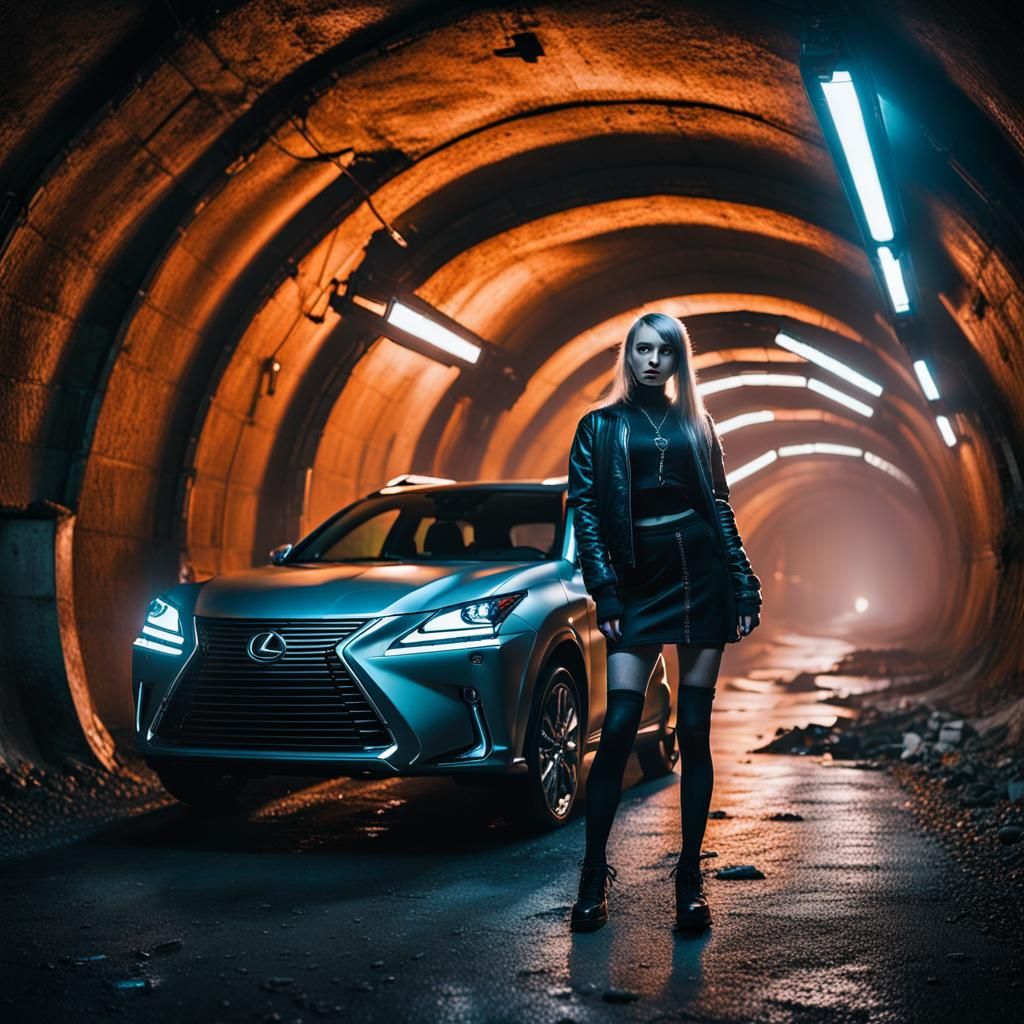 Cyberpunk Girl Poses with Lexus in Norway Tunnel