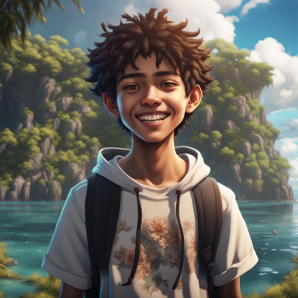 Anime Boy on Island, Detailed Digital Art