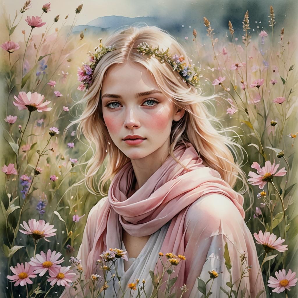 Serene Woman in Wildflower Field: Watercolor Style