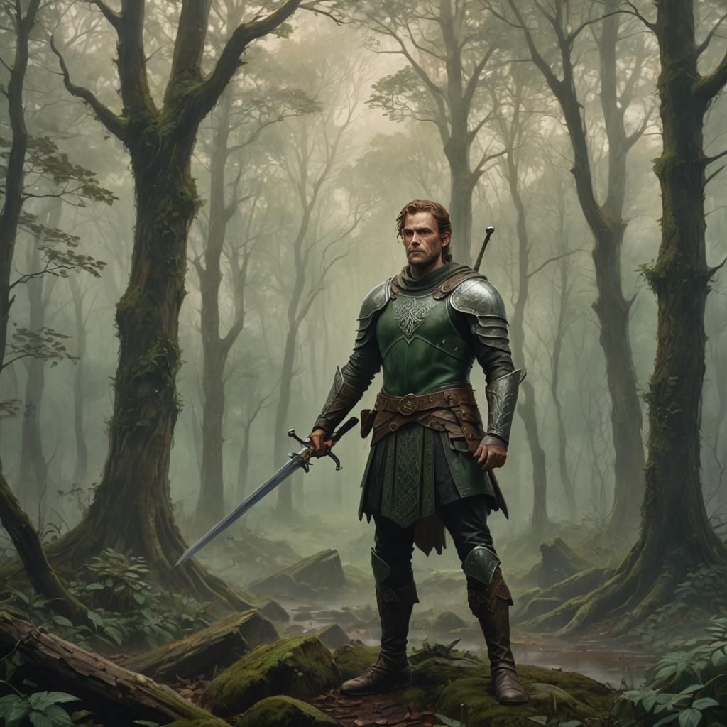 Celtic Warrior in Misty Forest: Earthy Oil Painting