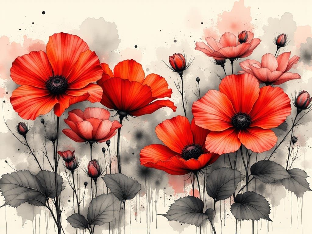 Overlapping Red Flowers in Ink Crosshatching Style