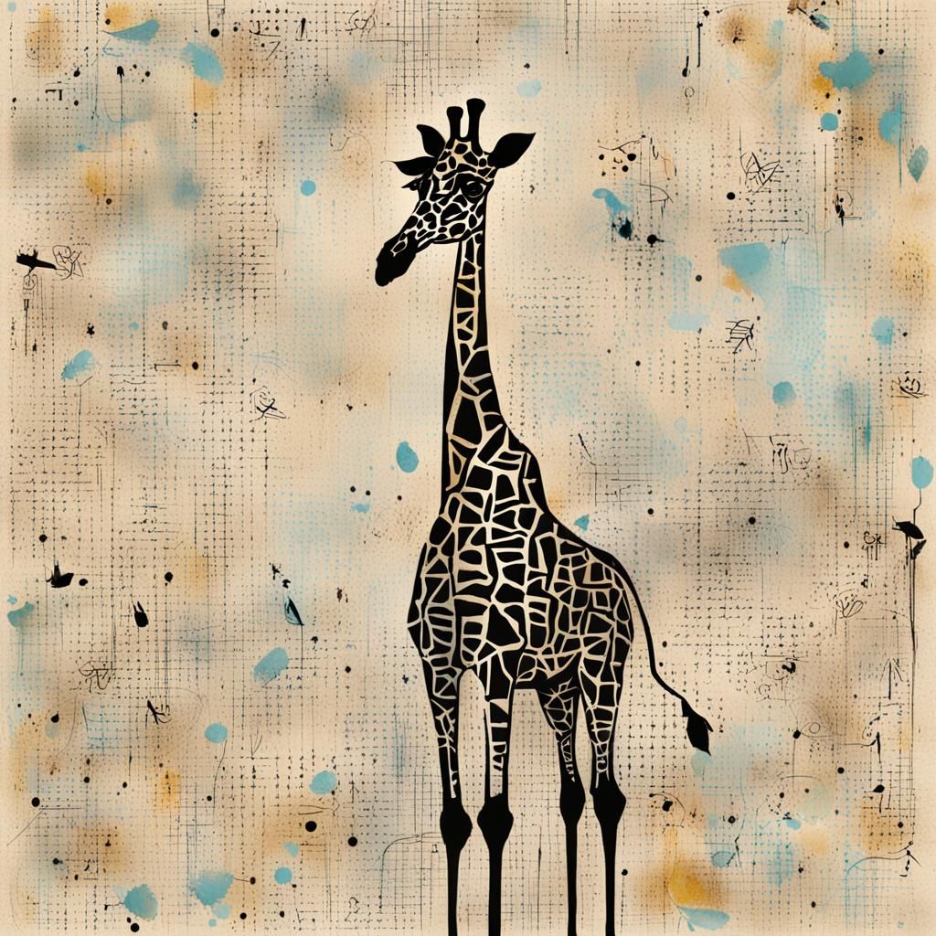 Whimsical Typographic Giraffe with Asemic Symbols