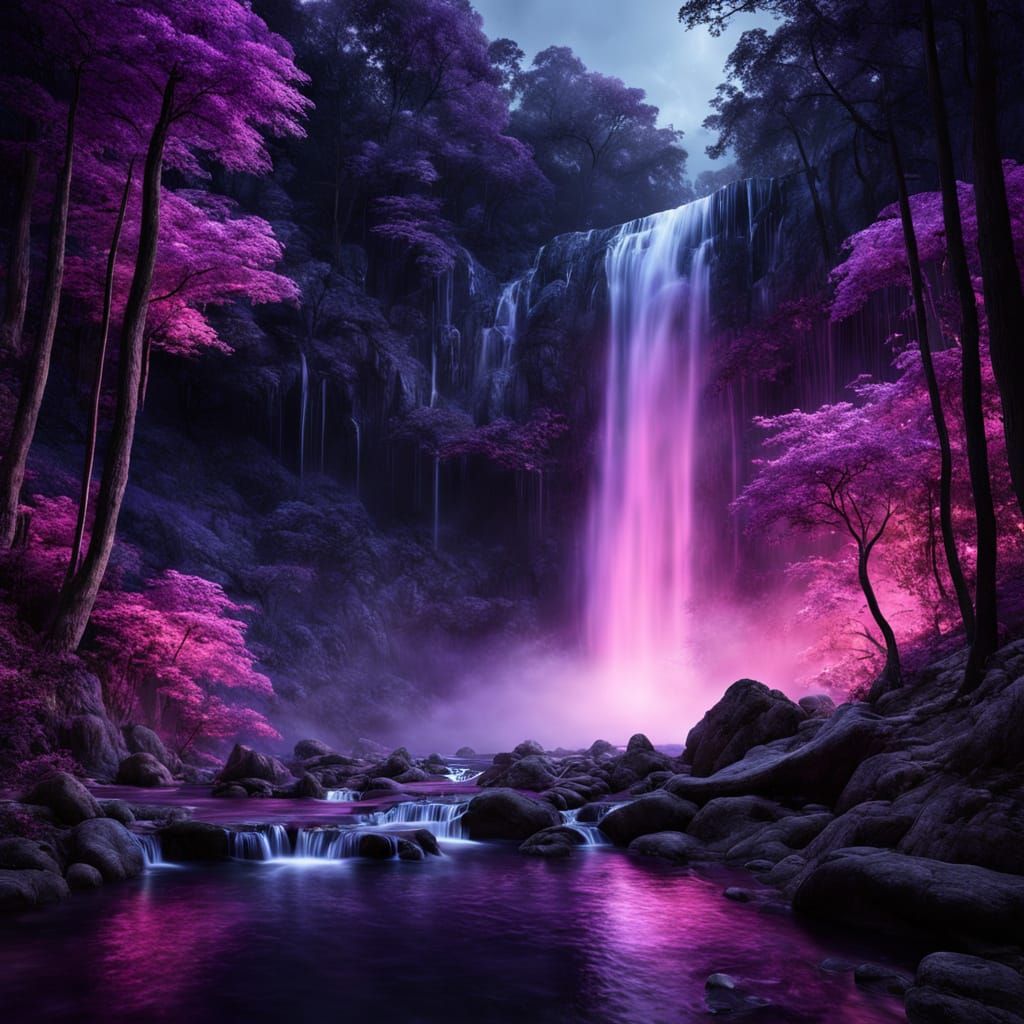 Purple and Pink Waterfall in Dark Fantasy Forest