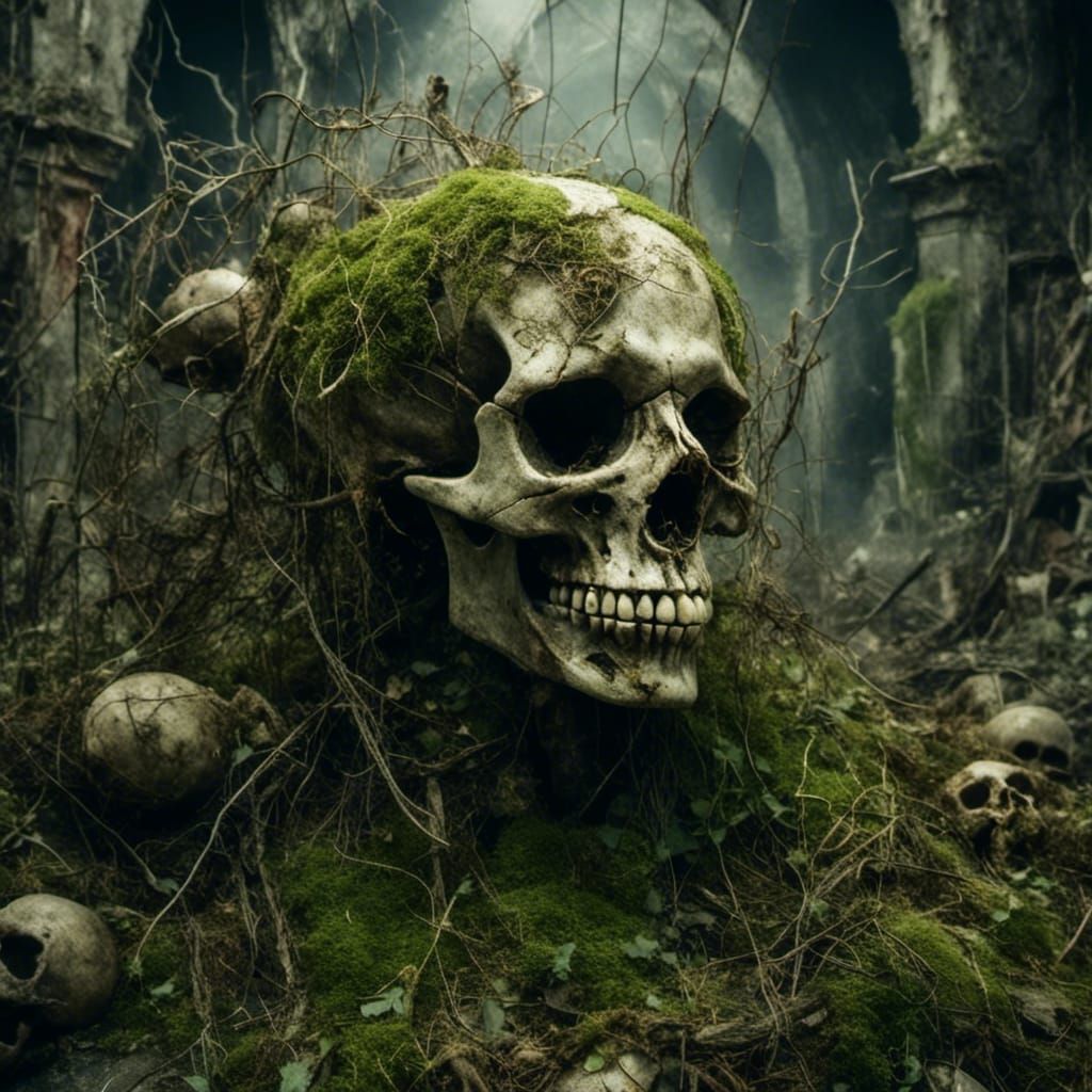 Macabre Overgrown City with Skull