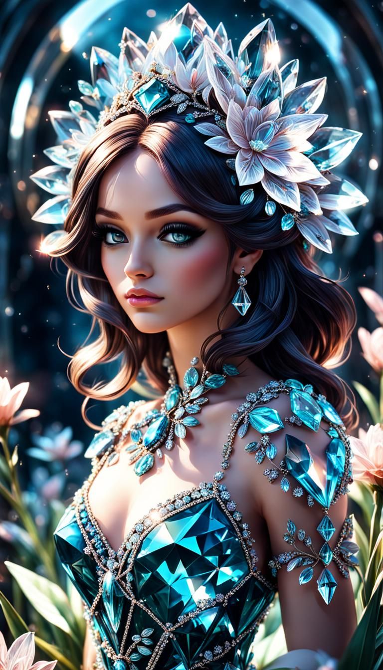 Glamorous Crystal Girl Portrait in Hyperrealistic Style