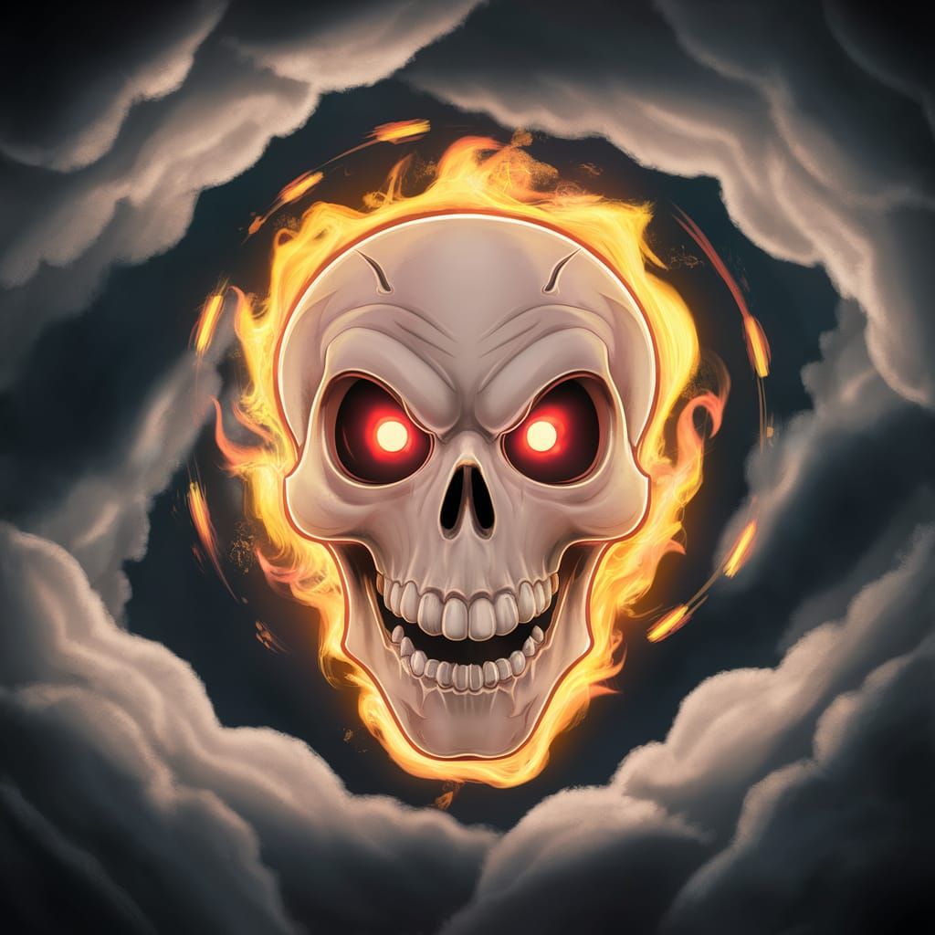 Fiery Skull with Glowing Eyes in Ominous Night Sky