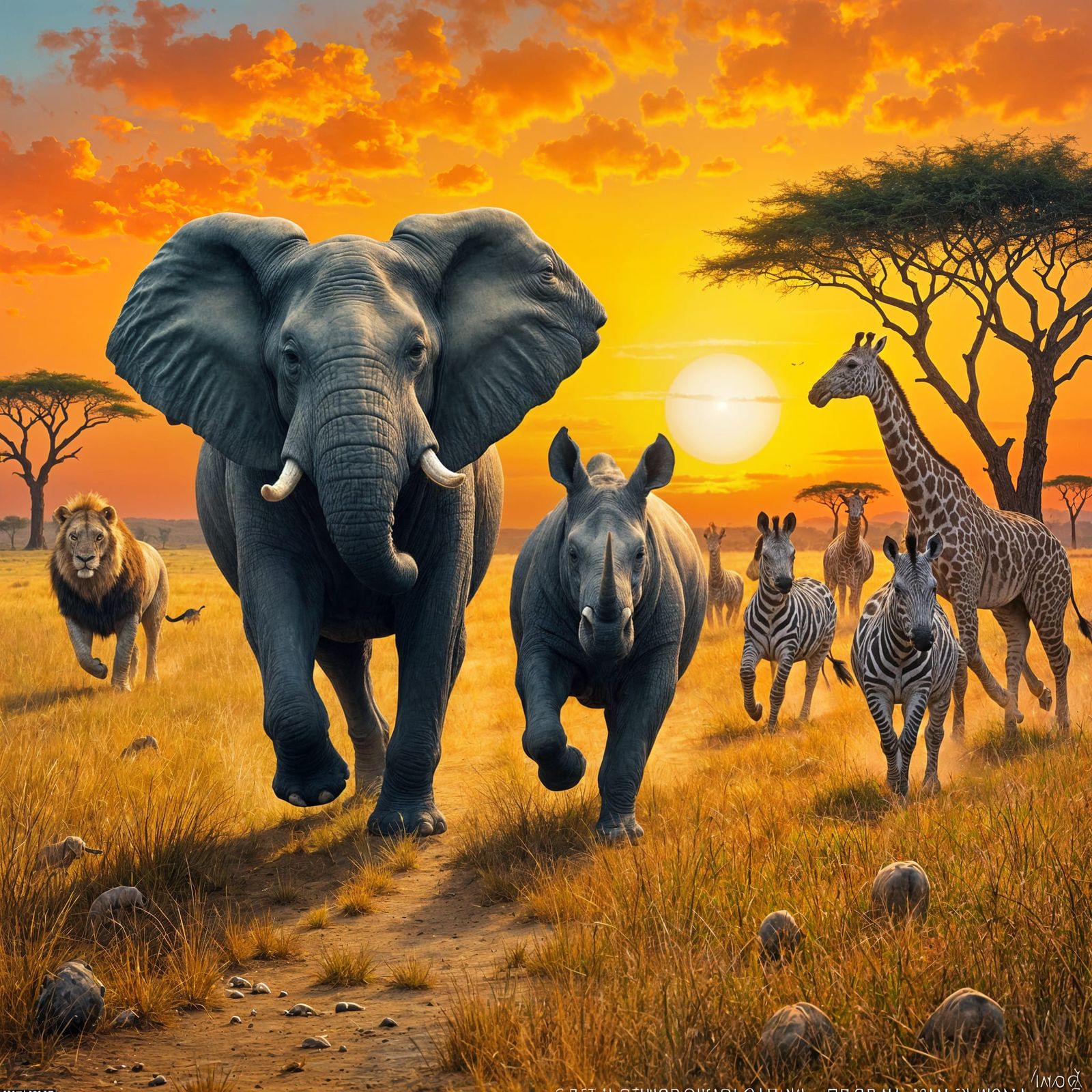 Elephant and Rhino Race Across Savannah