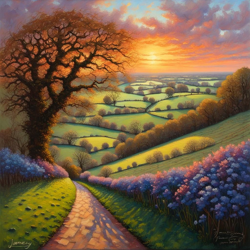 Cotswolds Sunset: A Neo-Impressionistic Matte Painting