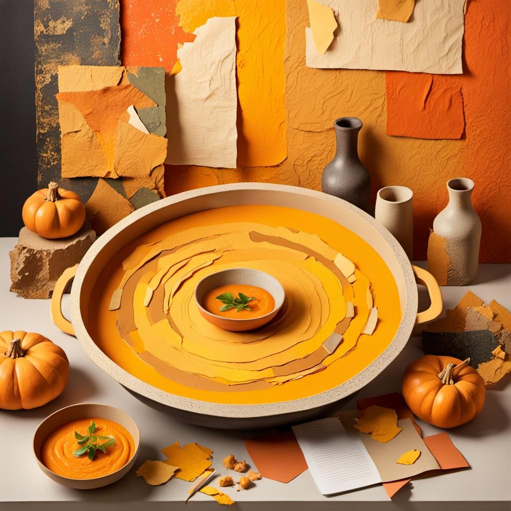 Butternut Soup Cauldron in Paper Collage Art