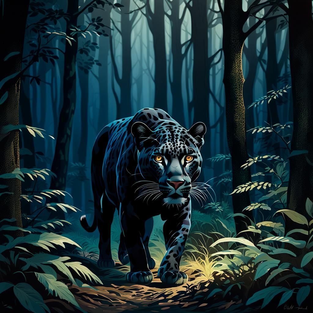 Black Leopard Stalking Deer in Shadowy Forest