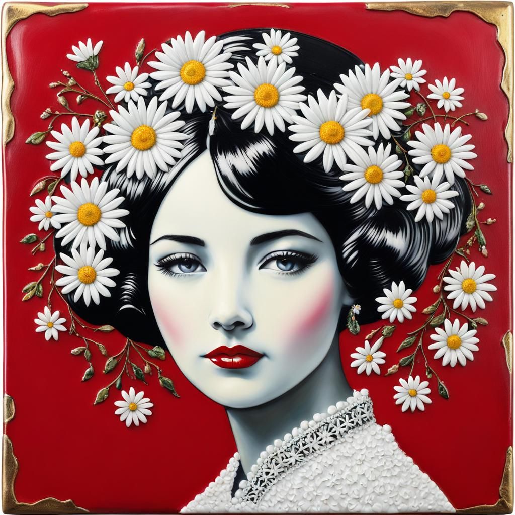 Lady with Daisies in Encaustic Art Style