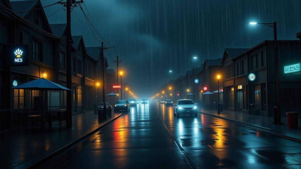 Heavy Rain at Night in a Georgia City