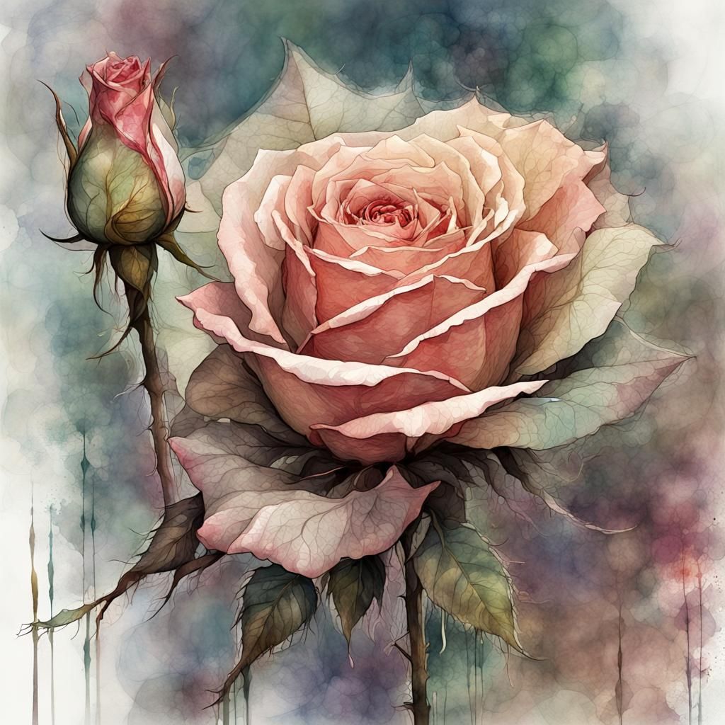 Watercolor Rose in Fairytale Forest Illustration