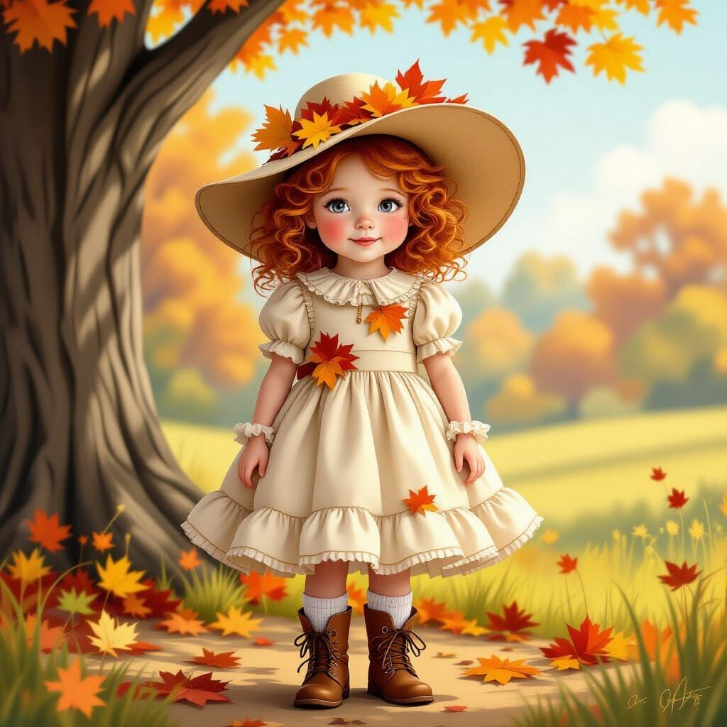 Young Girl in Autumn Leaves Painting