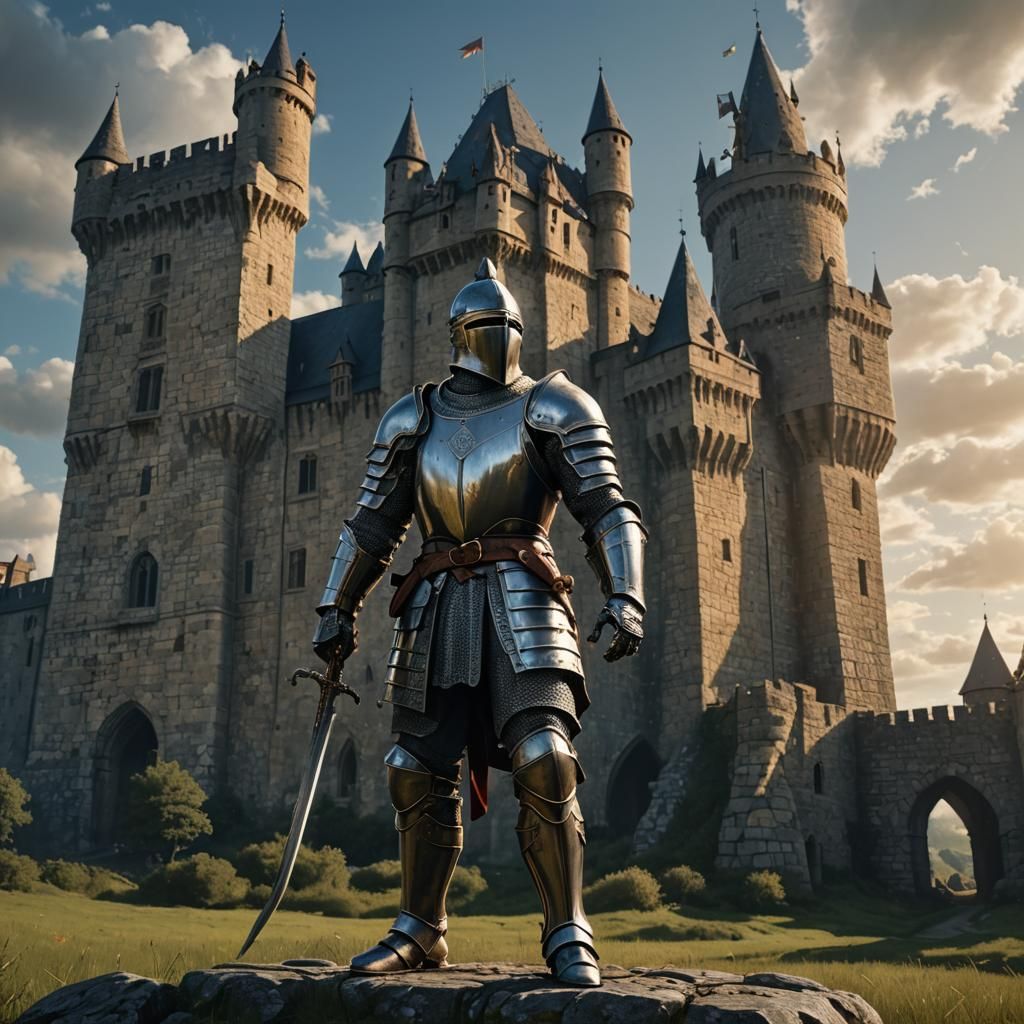 14th Century Knight and Castle: Dark Fantasy Art