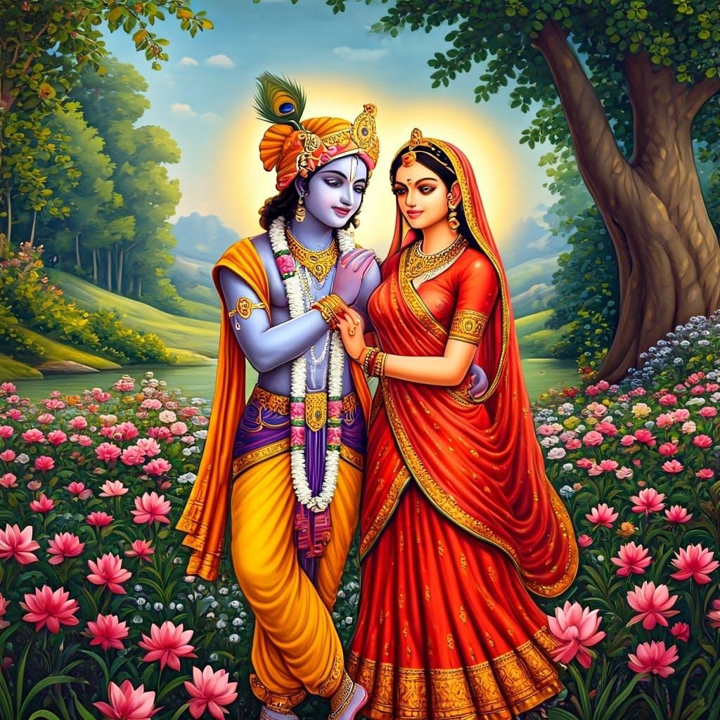 Radha and Krishna in Brindhavan: Indian Miniature Painting