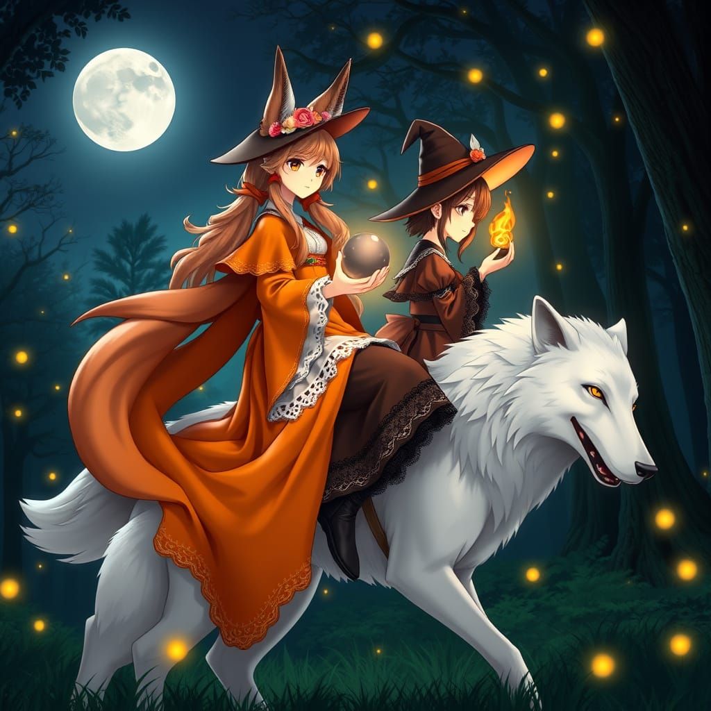 Mystical Fox Girl Rides Wolf Through Enchanted Forest at Nig...