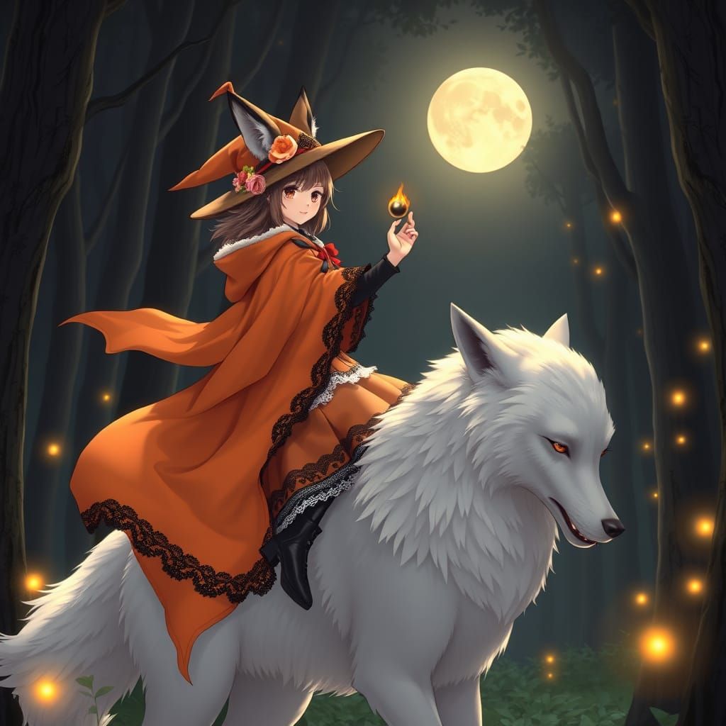 Mystical Fox Girl in Wizard Robe Rides White Wolf through En...