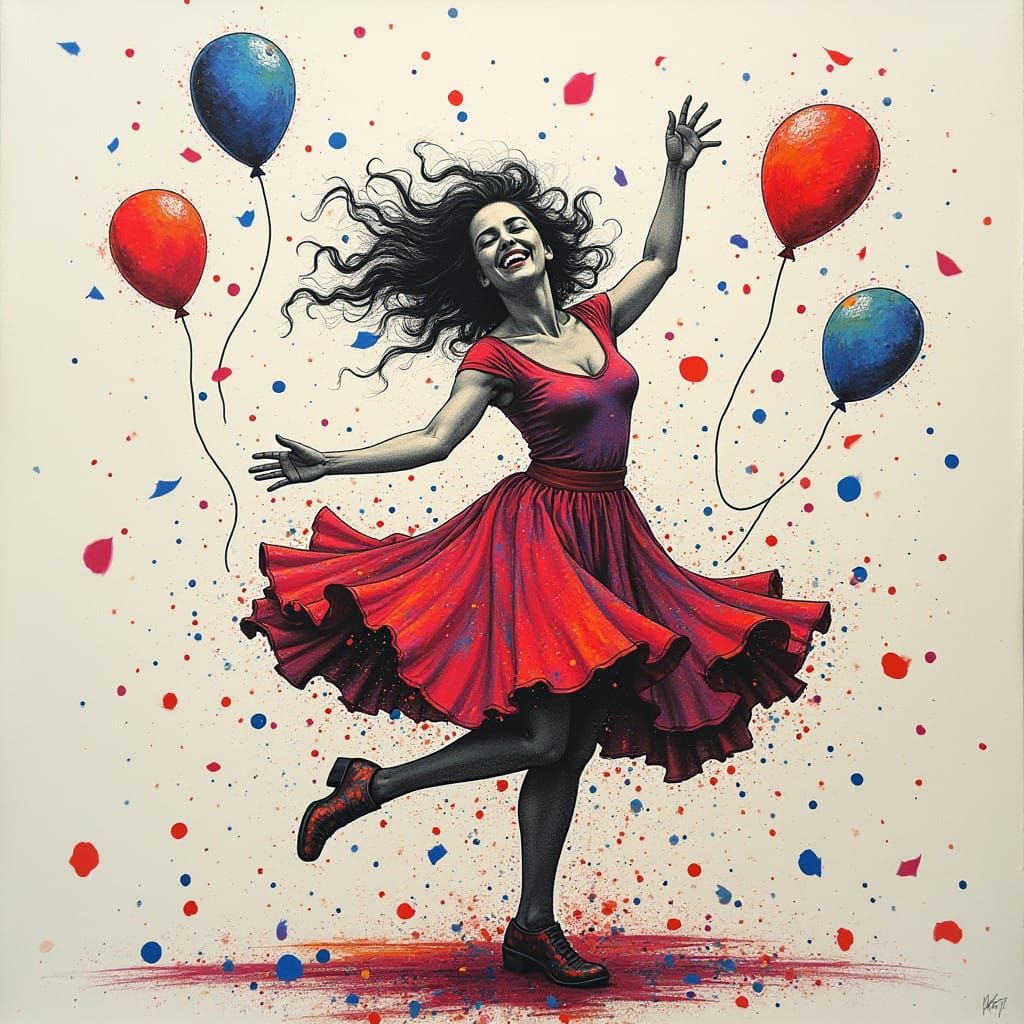Joyful Woman Dances in Whimsical Charcoal Artwork with Swirl...