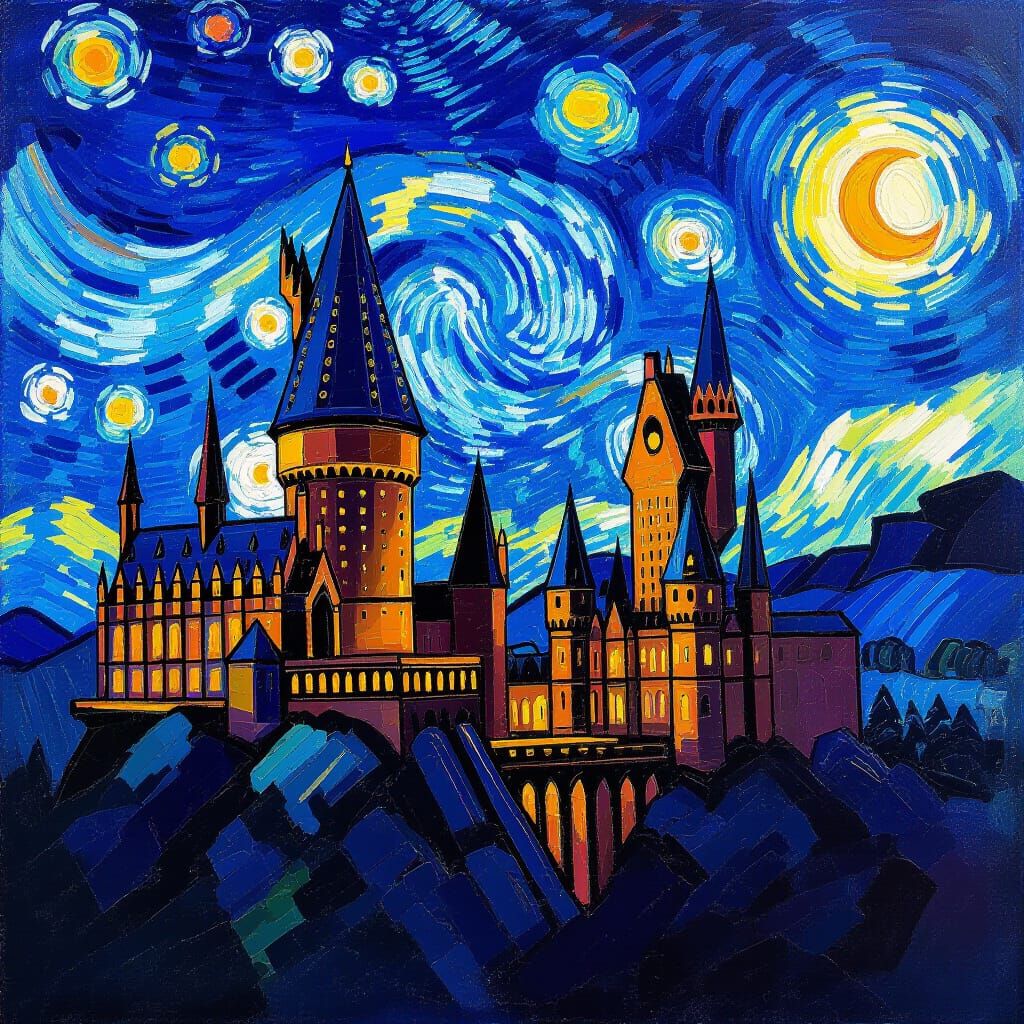 Hogwarts Castle Under Swirling Starry Night Sky