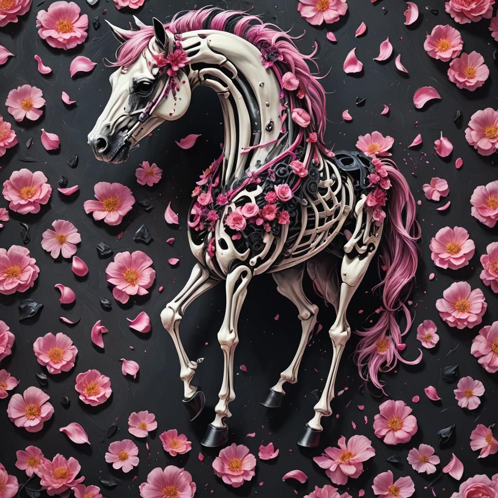 Fantastical Skeleton Horse with Pink Petals