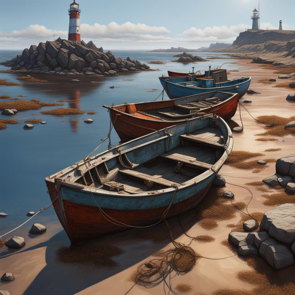 Dystopian Oil Painting of Fishing Boats in Dried Ocean