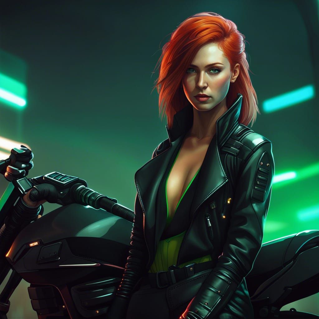 Redhead on Motorcycle in Cyberpunk Neon City