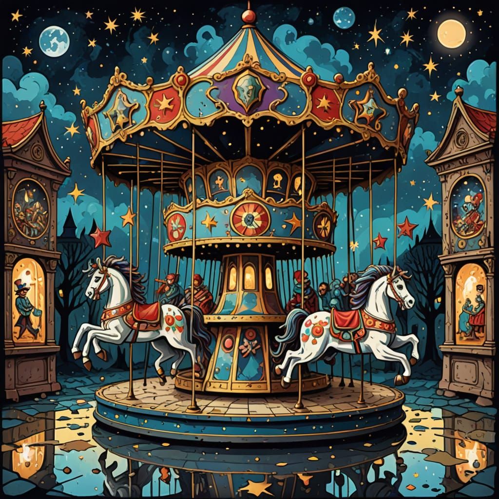 Creepy Medieval Tarot Card Carousel with Distorted Clown Fac...