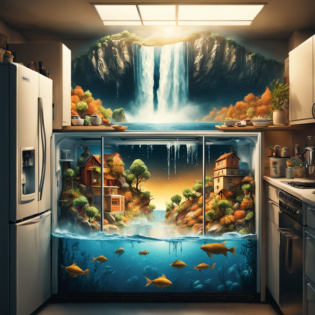 Surreal Refrigerator Waterfall in Cinematic Digital Art
