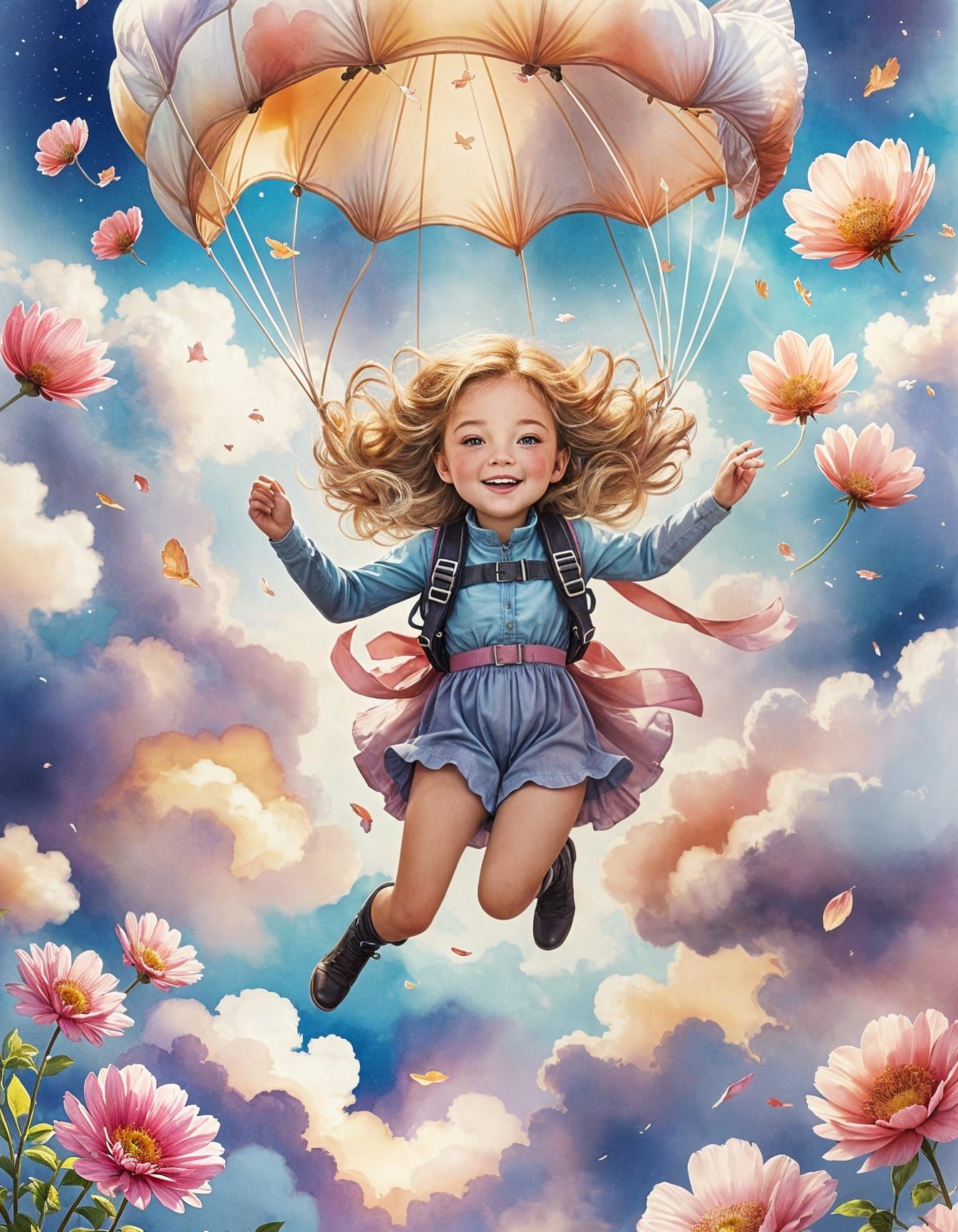 girl skydiving with a parachute made from a  flower