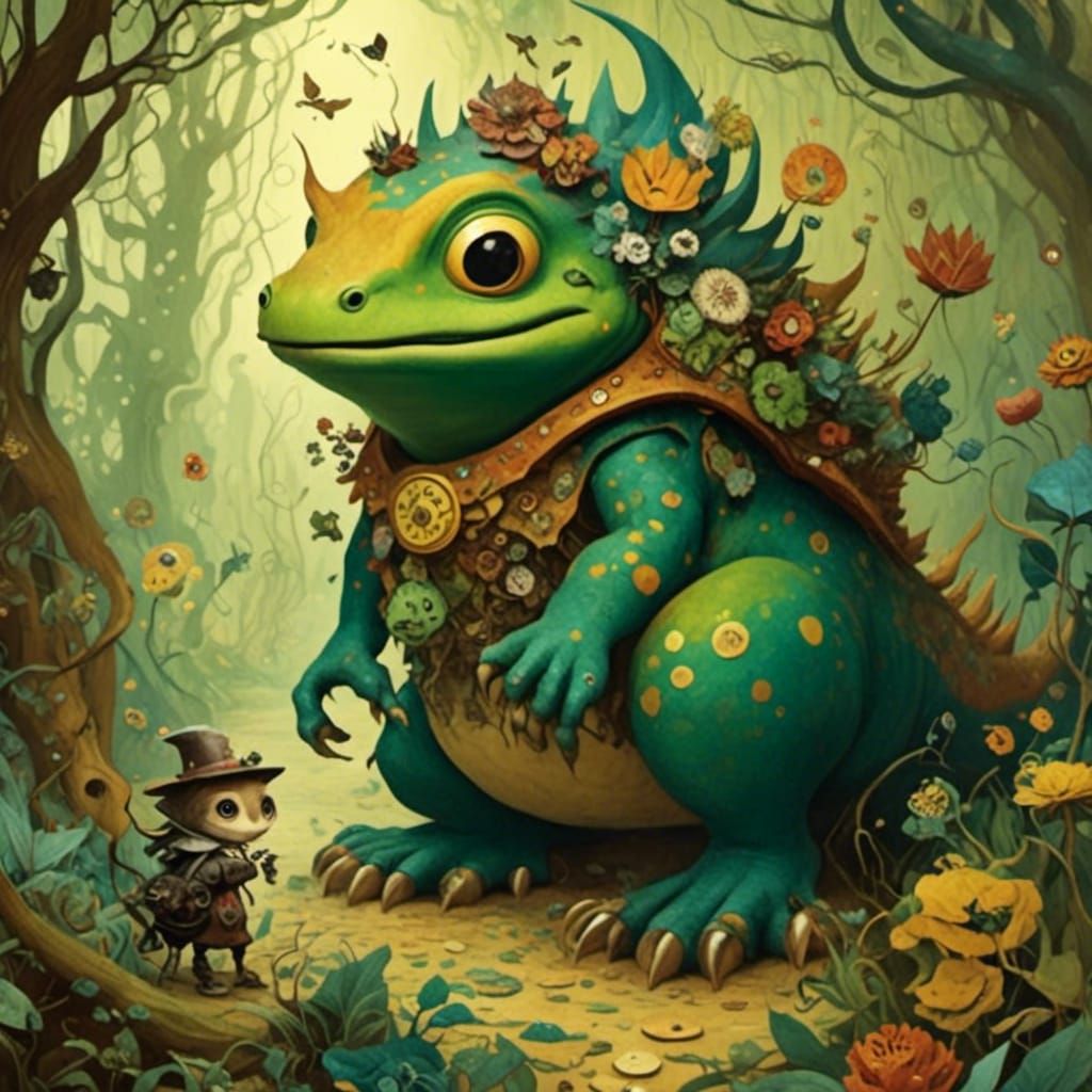 Surreal Frogosaurus and Dwarf Rider in Woodcut Style