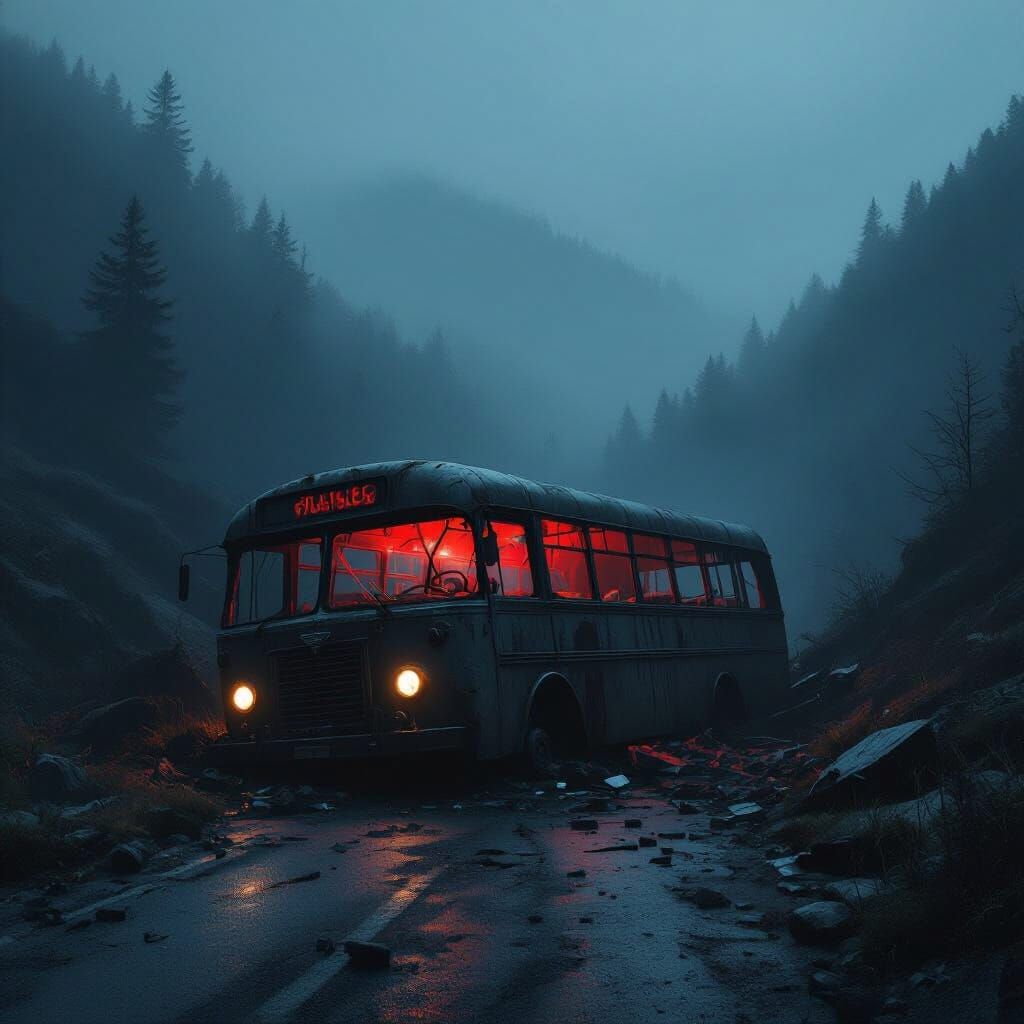 Crashed Bus on Foggy Road in Cinematic Style
