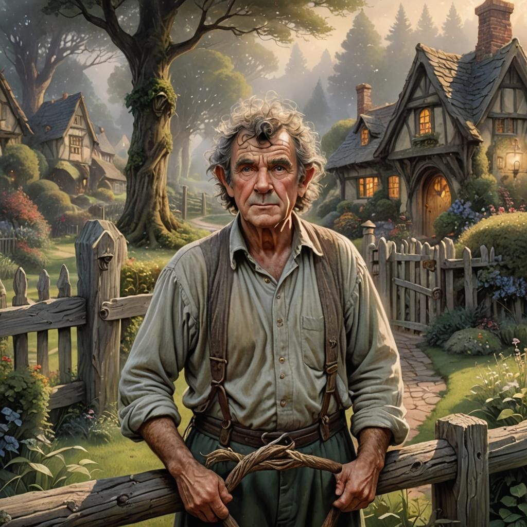 Hobbit Gardener in the Shire: A Kinkade-esque Fantasy