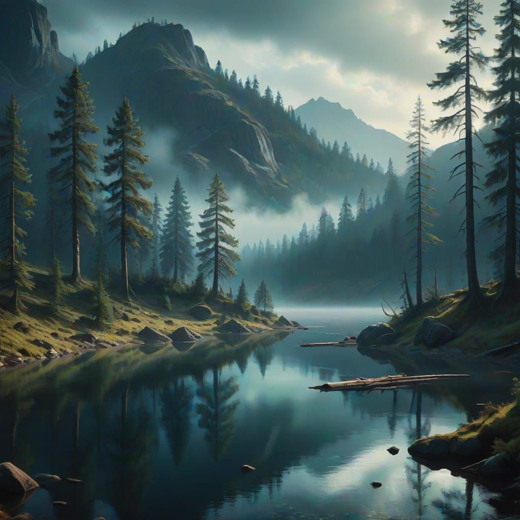 Dark Mountain Lake with Mist in Ancient Forest Style