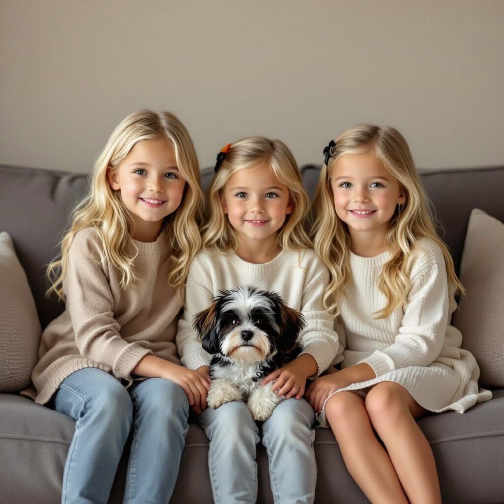 Family Portrait: Blond Girls & Shihpoo on Gray Couch