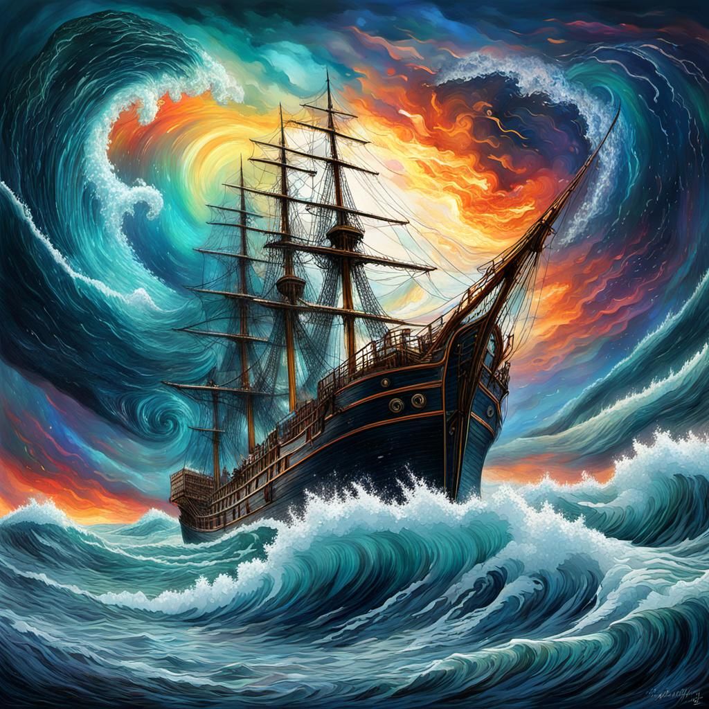 Tempestuous Ocean Wave Engulfs Ancient Whaling Ship