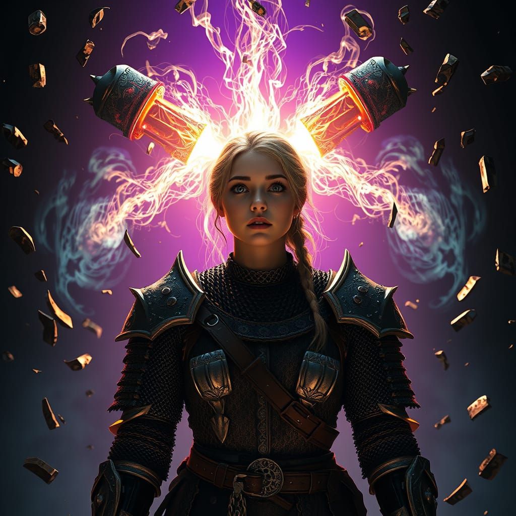 Woman in Chainmail Armor with Floating Metal Fragments