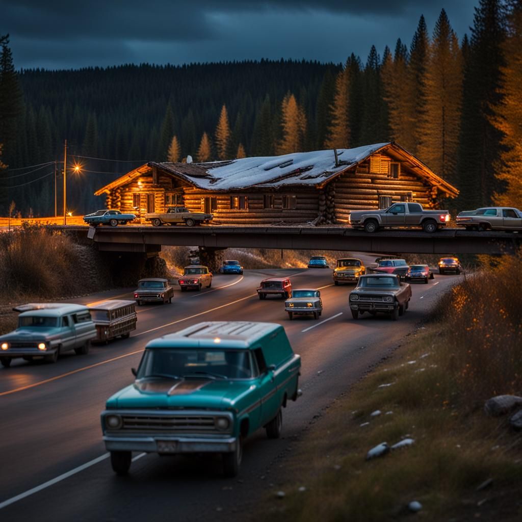 Highway Overpass and Abandoned Cabin