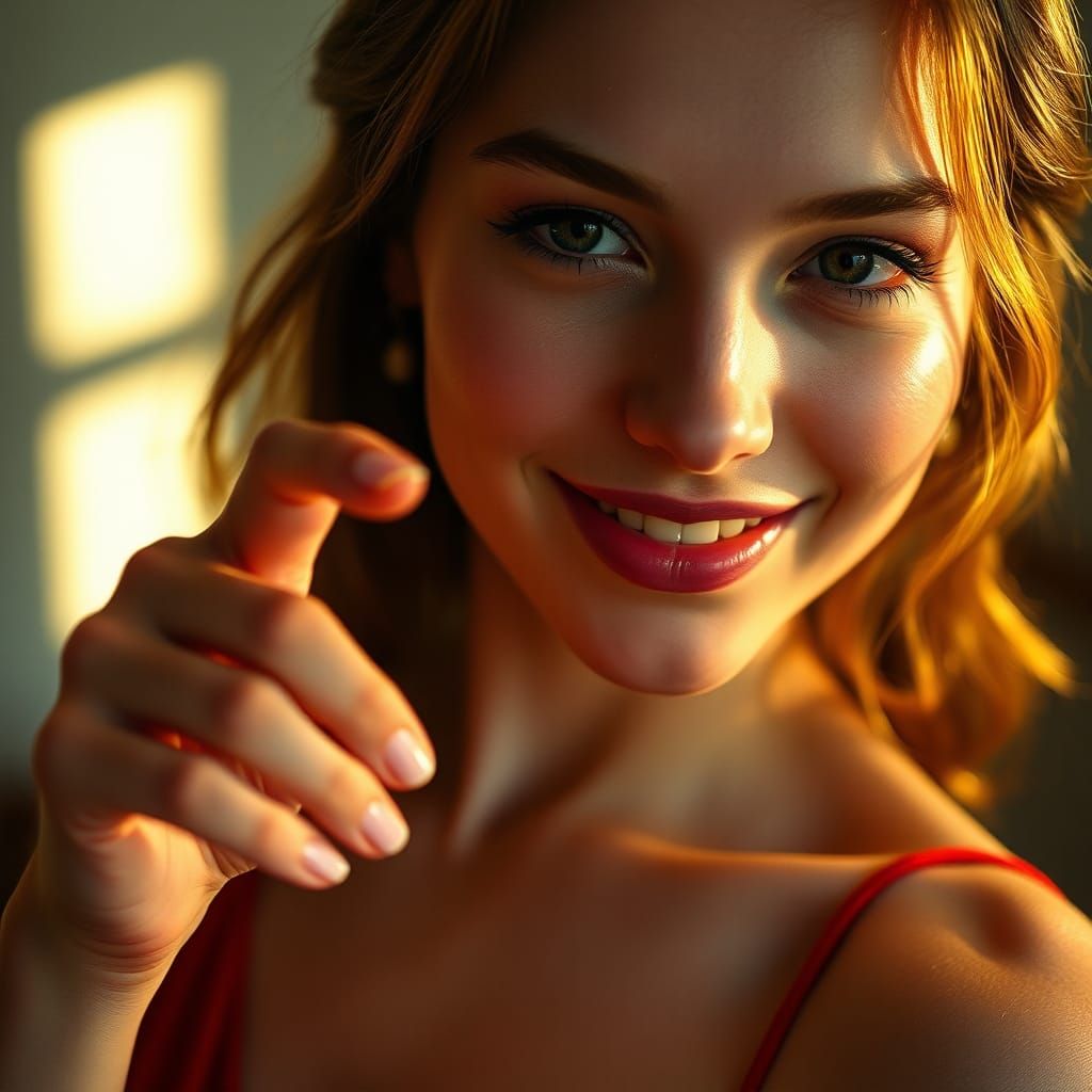 Beautiful Woman Beckons in Dreamy Cinematic Portrait